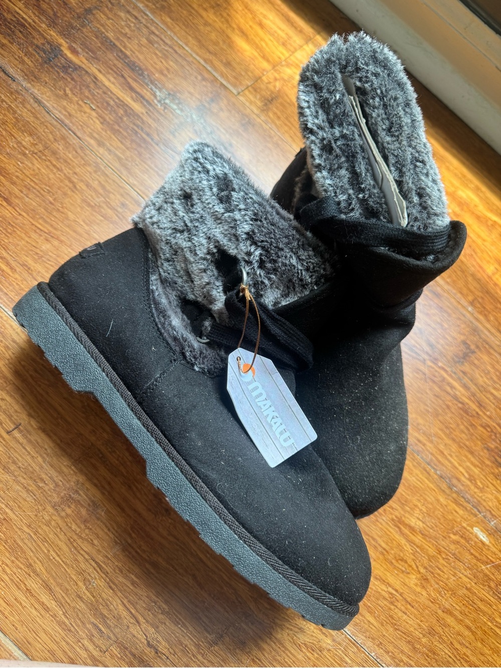 Makalu Black Faux Suede Booties with Gray Faux Fur Trim
